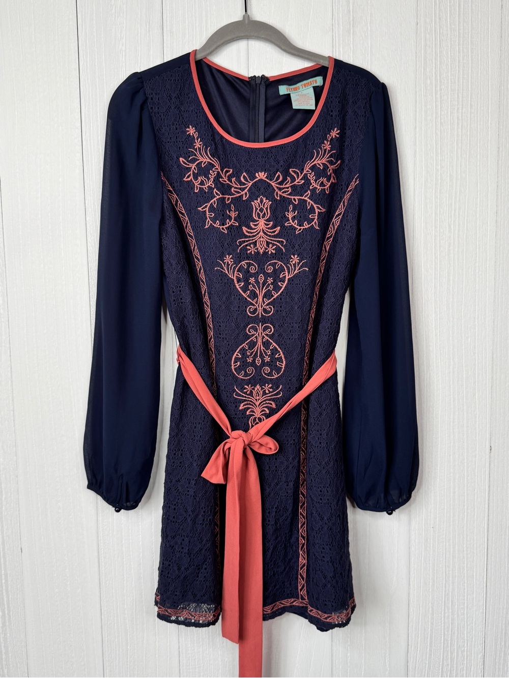 Flying Tomato Long Sleeve Lace Mini Dress Boho Coral Pink Floral Embroidered - L
